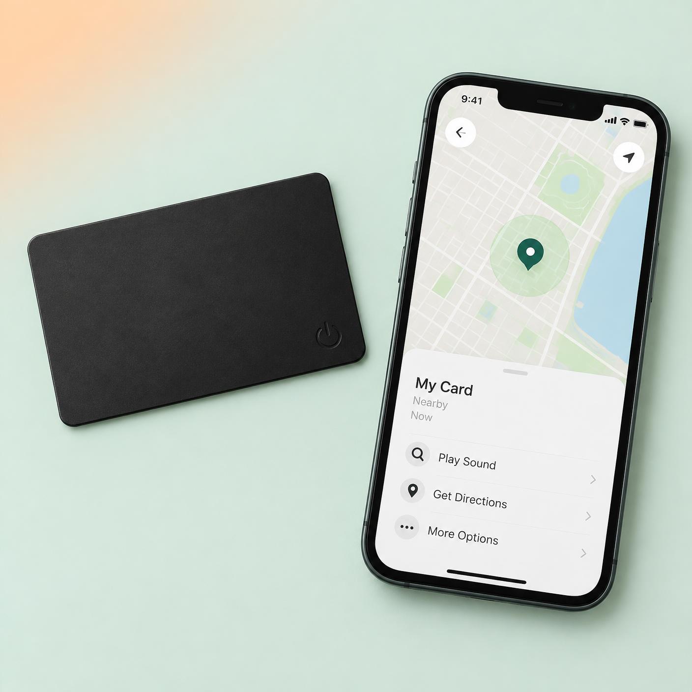 GPSkort i bankkortsformat bredvid mobil som visar kartan med kortets position